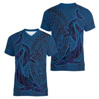 Hawaiian Whales Polynesian Art Motifs Women V-Neck T-Shirt Blue Color LT03 - Polynesian Pride