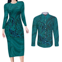 Hawaiian Whales Polynesian Art Motifs Couples Matching Long Sleeve Bodycon Dress and Long Sleeve Button Shirt Turquoise Color LT03 Turquoise - Polynesian Pride