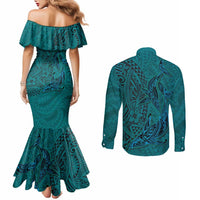 Hawaiian Whales Polynesian Art Motifs Couples Matching Mermaid Dress and Long Sleeve Button Shirt Turquoise Color LT03 - Polynesian Pride