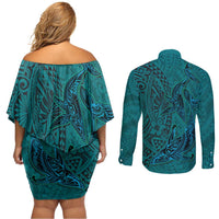 Hawaiian Whales Polynesian Art Motifs Couples Matching Off Shoulder Short Dress and Long Sleeve Button Shirt Turquoise Color LT03 - Polynesian Pride