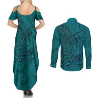 Hawaiian Whales Polynesian Art Motifs Couples Matching Summer Maxi Dress and Long Sleeve Button Shirt Turquoise Color LT03 - Polynesian Pride