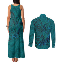 Hawaiian Whales Polynesian Art Motifs Couples Matching Tank Maxi Dress and Long Sleeve Button Shirt Turquoise Color LT03 - Polynesian Pride