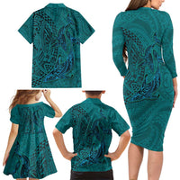 Hawaiian Whales Polynesian Art Motifs Family Matching Long Sleeve Bodycon Dress and Hawaiian Shirt Turquoise Color LT03 - Polynesian Pride