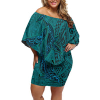 Hawaiian Whales Polynesian Art Motifs Family Matching Off Shoulder Short Dress and Hawaiian Shirt Turquoise Color LT03 Mom's Dress Turquoise - Polynesian Pride