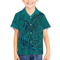Hawaiian Whales Polynesian Art Motifs Family Matching Off Shoulder Short Dress and Hawaiian Shirt Turquoise Color LT03 Son's Shirt Turquoise - Polynesian Pride