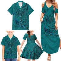 Hawaiian Whales Polynesian Art Motifs Family Matching Summer Maxi Dress and Hawaiian Shirt Turquoise Color LT03 - Polynesian Pride