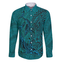 Hawaiian Whales Polynesian Art Motifs Family Matching Summer Maxi Dress and Hawaiian Shirt Turquoise Color LT03 Dad's Shirt - Long Sleeve Turquoise - Polynesian Pride