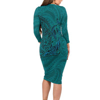 Hawaiian Whales Polynesian Art Motifs Long Sleeve Bodycon Dress Turquoise Color LT03 - Polynesian Pride