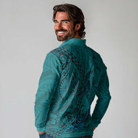Hawaiian Whales Polynesian Art Motifs Long Sleeve Polo Shirt Turquoise Color LT03 - Polynesian Pride
