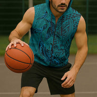 Hawaiian Whales Polynesian Art Motifs Sleeveless Zip Hoodie Turquoise Color LT03 - Polynesian Pride