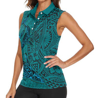 Hawaiian Whales Polynesian Art Motifs Women Sleeveless Polo Shirt Turquoise Color LT03 - Polynesian Pride