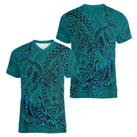 Hawaiian Whales Polynesian Art Motifs Women V-Neck T-Shirt Turquoise Color LT03 - Polynesian Pride