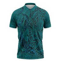 Hawaiian Whales Polynesian Art Motifs Zipper Polo Shirt Turquoise Color LT03 Turquoise - Polynesian Pride