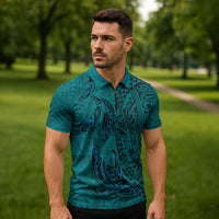 Hawaiian Whales Polynesian Art Motifs Zipper Polo Shirt Turquoise Color LT03 - Polynesian Pride