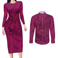Hawaiian Whales Polynesian Art Motifs Couples Matching Long Sleeve Bodycon Dress and Long Sleeve Button Shirt Pink Color LT03 Pink - Polynesian Pride