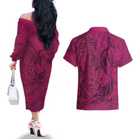 Hawaiian Whales Polynesian Art Motifs Couples Matching Off The Shoulder Long Sleeve Dress and Hawaiian Shirt Pink Color LT03 - Polynesian Pride