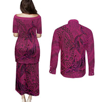 Hawaiian Whales Polynesian Art Motifs Couples Matching Puletasi and Long Sleeve Button Shirt Pink Color LT03 - Polynesian Pride