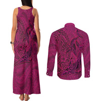 Hawaiian Whales Polynesian Art Motifs Couples Matching Tank Maxi Dress and Long Sleeve Button Shirt Pink Color LT03 - Polynesian Pride