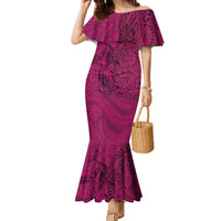Hawaiian Whales Polynesian Art Motifs Family Matching Mermaid Dress and Hawaiian Shirt Pink Color LT03 Mom's Dress Pink - Polynesian Pride