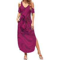 Hawaiian Whales Polynesian Art Motifs Family Matching Summer Maxi Dress and Hawaiian Shirt Pink Color LT03 Mom's Dress Pink - Polynesian Pride