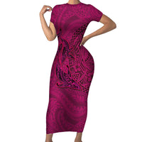 Hawaiian Whales Polynesian Art Motifs Short Sleeve Bodycon Dress Pink Color LT03 Long Dress Pink - Polynesian Pride
