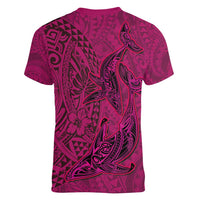 Hawaiian Whales Polynesian Art Motifs Women V-Neck T-Shirt Pink Color LT03 - Polynesian Pride