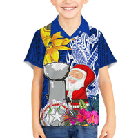 Custom Northern Mariana Islands Christmas Family Matching Off Shoulder Maxi Dress and Hawaiian Shirt Funny Santa Hug Latte Stone Ylang-ylang and Polynesia Pattern Blue LT03 Son's Shirt Blue - Polynesian Pride