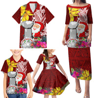 Custom Northern Mariana Islands Christmas Family Matching Puletasi Dress and Hawaiian Shirt Funny Santa Hug Latte Stone Ylang-ylang and Polynesia Pattern Red LT03 - Polynesian Pride