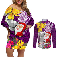 Custom Northern Mariana Islands Christmas Couples Matching Off Shoulder Short Dress and Long Sleeve Button Shirt Funny Santa Hug Latte Stone Ylang-ylang and Polynesia Pattern Pink LT03 Pink - Polynesian Pride