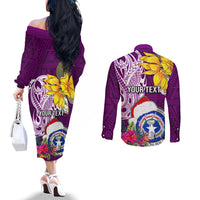 Custom Northern Mariana Islands Christmas Couples Matching Off The Shoulder Long Sleeve Dress and Long Sleeve Button Shirt Funny Santa Hug Latte Stone Ylang-ylang and Polynesia Pattern Pink LT03 - Polynesian Pride