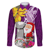 Custom Northern Mariana Islands Christmas Family Matching Off Shoulder Short Dress and Hawaiian Shirt Funny Santa Hug Latte Stone Ylang-ylang and Polynesia Pattern Pink LT03 Dad's Shirt - Long Sleeve Pink - Polynesian Pride