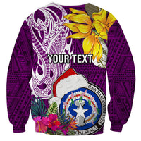 Custom Northern Mariana Islands Christmas Sweatshirt Funny Santa Hug Latte Stone Ylang-ylang and Polynesia Pattern Pink LT03 - Polynesian Pride