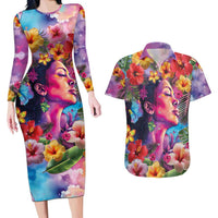 Polynesian Women Couples Matching Long Sleeve Bodycon Dress and Hawaiian Shirt Tropical Plant - Vibrant Surreal Dreamscape Vibe LT03 Pink-Purple - Polynesian Pride