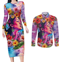Polynesian Women Couples Matching Long Sleeve Bodycon Dress and Long Sleeve Button Shirt Tropical Plant - Vibrant Surreal Dreamscape Vibe LT03 Pink-Purple - Polynesian Pride