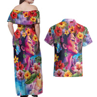 Polynesian Women Couples Matching Off Shoulder Maxi Dress and Hawaiian Shirt Tropical Plant - Vibrant Surreal Dreamscape Vibe LT03 - Polynesian Pride
