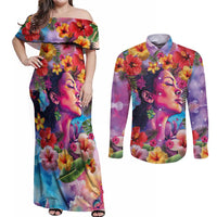 Polynesian Women Couples Matching Off Shoulder Maxi Dress and Long Sleeve Button Shirt Tropical Plant - Vibrant Surreal Dreamscape Vibe LT03 Pink-Purple - Polynesian Pride