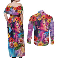 Polynesian Women Couples Matching Off Shoulder Maxi Dress and Long Sleeve Button Shirt Tropical Plant - Vibrant Surreal Dreamscape Vibe LT03 - Polynesian Pride