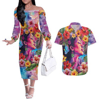 Polynesian Women Couples Matching Off The Shoulder Long Sleeve Dress and Hawaiian Shirt Tropical Plant - Vibrant Surreal Dreamscape Vibe LT03 Pink-Purple - Polynesian Pride