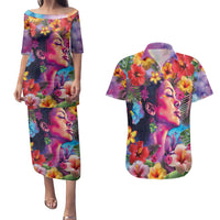 Polynesian Women Couples Matching Puletasi and Hawaiian Shirt Tropical Plant - Vibrant Surreal Dreamscape Vibe LT03 Pink-Purple - Polynesian Pride