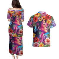 Polynesian Women Couples Matching Puletasi and Hawaiian Shirt Tropical Plant - Vibrant Surreal Dreamscape Vibe LT03 - Polynesian Pride