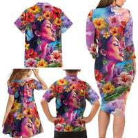 Polynesian Women Family Matching Long Sleeve Bodycon Dress and Hawaiian Shirt Tropical Plant - Vibrant Surreal Dreamscape Vibe LT03 - Polynesian Pride