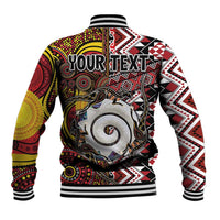 Personalised Aotearoa and Australia Together Baseball Jacket Koru and Kangaroo - Taniko with Aboriginal Motif