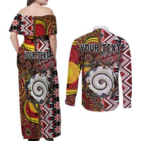 Personalised Aotearoa and Australia Together Couples Matching Off Shoulder Maxi Dress and Long Sleeve Button Shirt Koru and Kangaroo - Taniko with Aboriginal Motif LT03 - Polynesian Pride