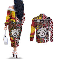 Personalised Aotearoa and Australia Together Couples Matching Off The Shoulder Long Sleeve Dress and Long Sleeve Button Shirt Koru and Kangaroo - Taniko with Aboriginal Motif LT03 - Polynesian Pride