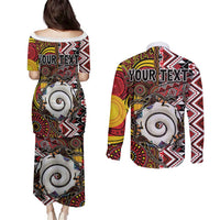 Personalised Aotearoa and Australia Together Couples Matching Puletasi and Long Sleeve Button Shirt Koru and Kangaroo - Taniko with Aboriginal Motif LT03 - Polynesian Pride
