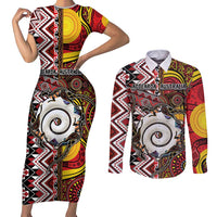 Personalised Aotearoa and Australia Together Couples Matching Short Sleeve Bodycon Dress and Long Sleeve Button Shirt Koru and Kangaroo - Taniko with Aboriginal Motif LT03 Black - Polynesian Pride
