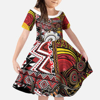Personalised Aotearoa and Australia Together Family Matching Off Shoulder Maxi Dress and Hawaiian Shirt Koru and Kangaroo - Taniko with Aboriginal Motif LT03 Daughter's Dress Black - Polynesian Pride