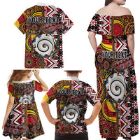 Personalised Aotearoa and Australia Together Family Matching Off Shoulder Maxi Dress and Hawaiian Shirt Koru and Kangaroo - Taniko with Aboriginal Motif LT03 - Polynesian Pride
