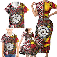 Personalised Aotearoa and Australia Together Family Matching Short Sleeve Bodycon Dress and Hawaiian Shirt Koru and Kangaroo - Taniko with Aboriginal Motif LT03 - Polynesian Pride