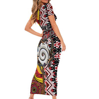 Personalised Aotearoa and Australia Together Short Sleeve Bodycon Dress Koru and Kangaroo - Taniko with Aboriginal Motif LT03 - Polynesian Pride